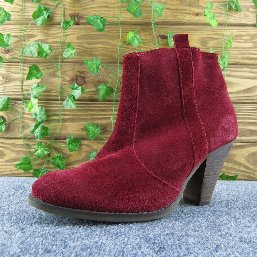 ASOS Suede Ankle Boots‎ Women 7 Red Block Heel Side Zip Dress Casual Booties